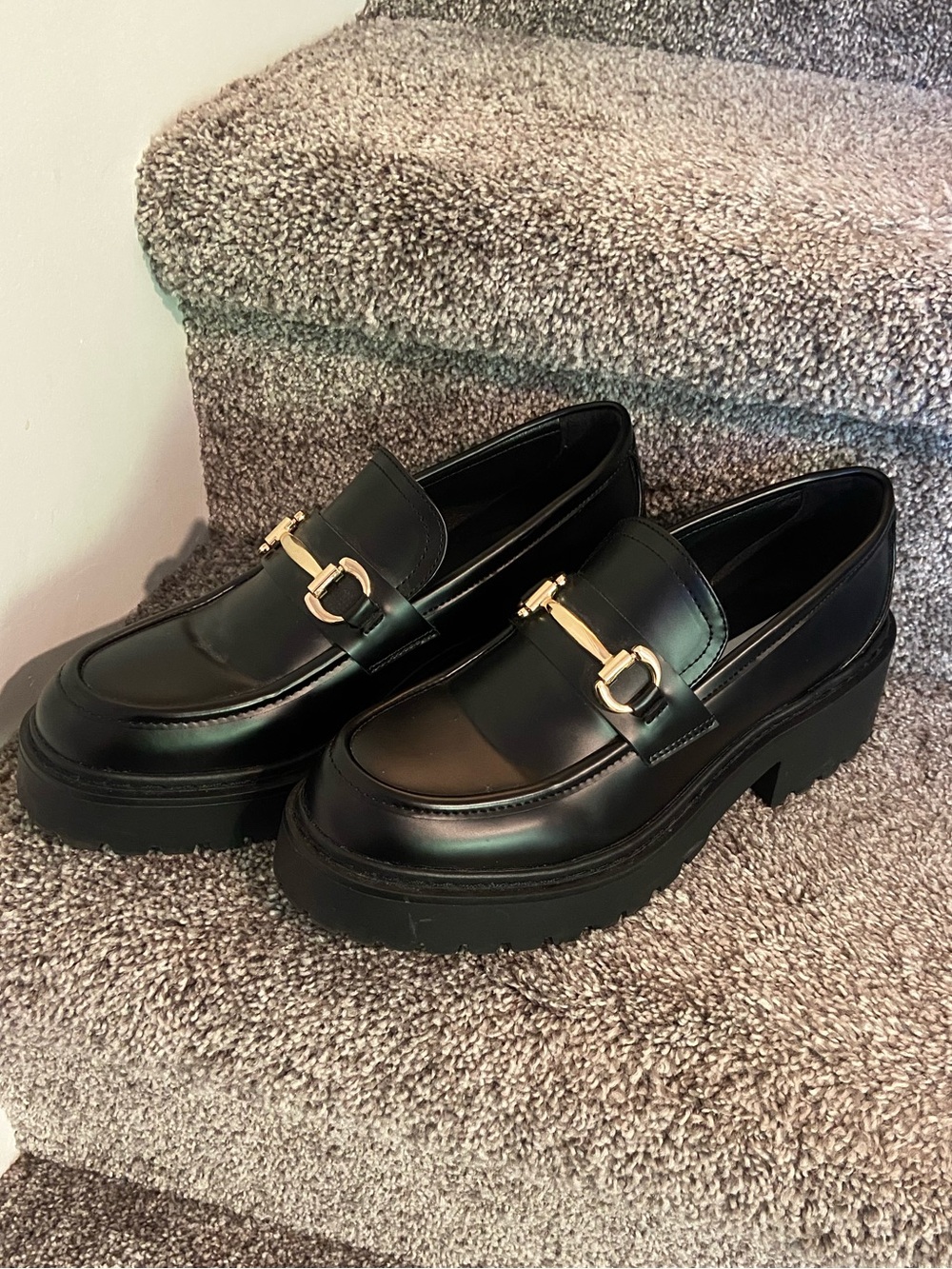 Steve Madden Black Chunky Loafers with Gold Buckle